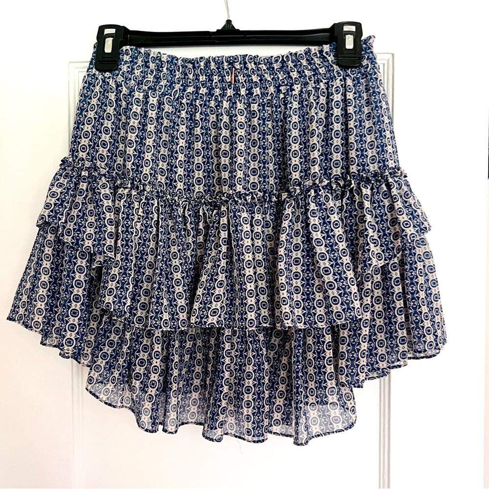 MISA Los Angeles Floral Flounce Mini Skirt, Blue and White, Size XS - Pre-Owned - Picture 3 of 5